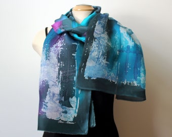 Large batik teal scarf, art to wear, designer scarf, art scarf, hand painted silk scarf