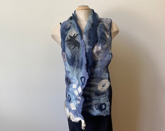 Grey hand-felted merino wool art scarf, one of a kind art wear, designer scarf, with a hand-felted pin