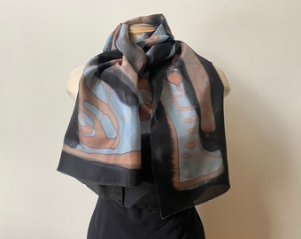 Black and grey hand-painted silk large shawl, designer art scarf, art to wear, formal event accessory, 22" x 70"