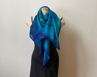 hand painted silk wrap, can be worn as an evening shawl, coat scarf, wrap, long scarf. Art to wear, designer scarf. Blues and greeans