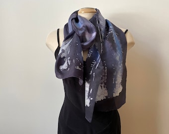 Black and grey batik silk art scarf, designer scarf, art to wear, abstract design