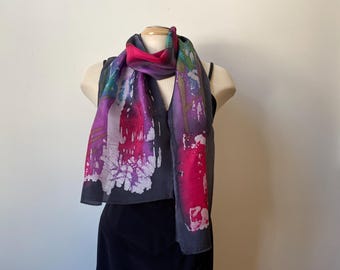 Hand-Painted Batik Silk Scarf, Abstract Rozome Art to Wear