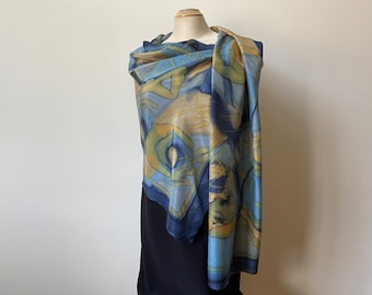 Hand painted silk designer scarf navy and taupe, long evening shawl, art to wear. 22" x 70" (56cm x 177cm)