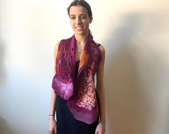 nuno felted burgundy and orange wool scarf can be worn as a vest, artwear, art to wear, unique scarf, warm wool wrap