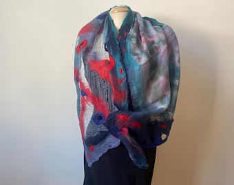 Hand-felted red and blue designer art scarf, art to wear