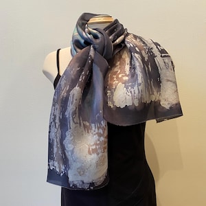 Batik handpainted silk shawl, black and grey, art to wear, designer scarf
