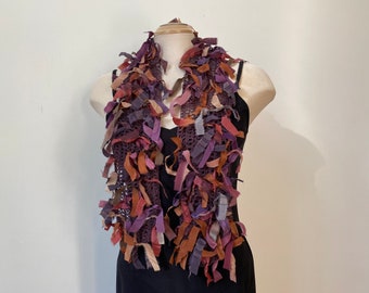 Brown crochet scarf with handpainted silk, unique designer art scarf, art to wear