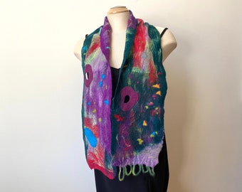 Hand felted silk and wool green scarf, nuno felted, art to wear