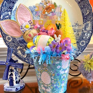 Vintage Easter Assemblage- Centerpiece-Vintage Handpainted Egg-Glitter Eggs-Bunny-Spring Flowers-Bottle Brush Tree-Tin Pail