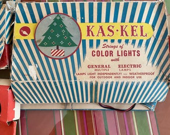 Tres cajas de luces navideñas de colores Kas-Kel vintage, años 50, con iluminación independiente, resistentes a la intemperie, para interior y exterior.
