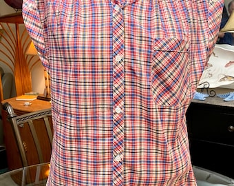 Blusa vintage de cuadros de los años 70: Top de mezcla de algodón con mangas cortas