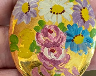 Pin floral vintage pintado a mano - Pin dorado - Flores multicolores - Inusual