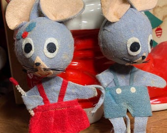 Juego de 2 figuras de ratones navideños de fieltro vintage