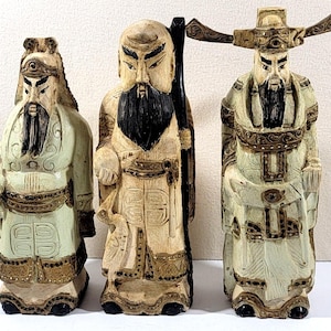 Vintage Chinese Wood Carved Immortal Figurines Feng Shui Set of 3
