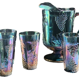 Vintage Iridescent Blue Carnival Glass Pitcher & 4 Tumblers Set Iridescent Harvest Grape Rare