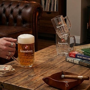 Vintage Kronenbourg Beer Mugs Set of 4 Ravenhead England Dimple Glass Stein Tankards Barware