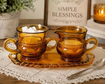 Vintage Indiana Glass Kings Crown Thumbprint Amber 3‑Pc Set • Creamer Sugar Tray