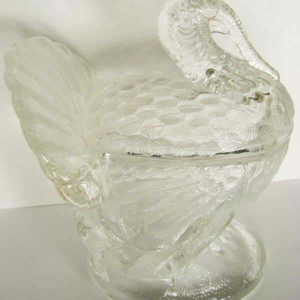 Vintage L.E. Smith Clear Pressed Glass Covered Tom Turkey Candy Dish