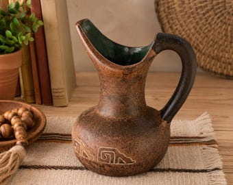 Vintage Mexican Redware Pottery Pitcher Jug Rustic Brown Clay Green Glaze