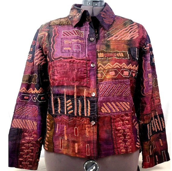 Vintage Chico’s Art Jacket Patchwork Metallic Boh… - image 1