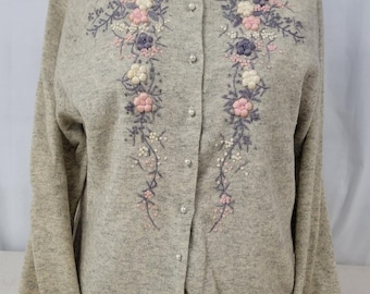Vintage Silk Lined Embroidered Floral Cardigan Heather Grey Size 42