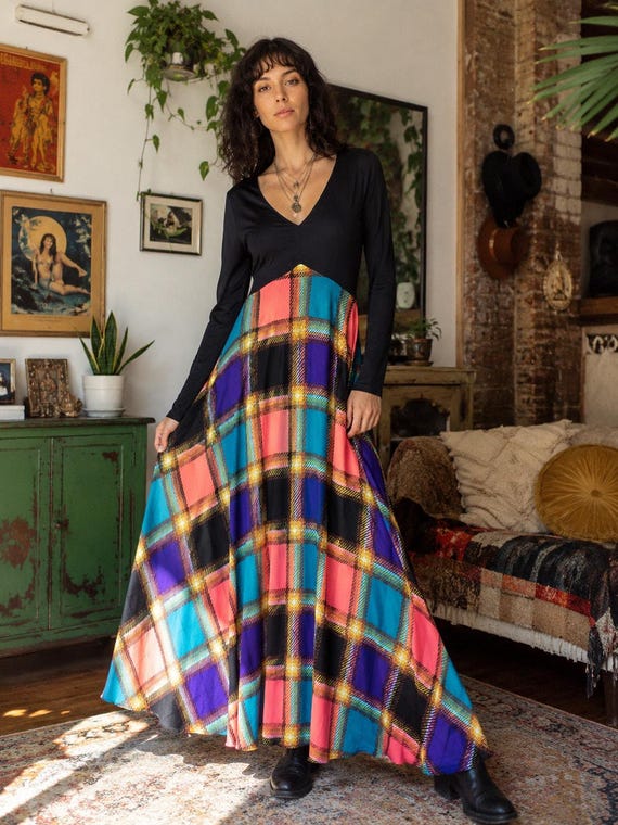 Vintage 1970s Psychedelic Plaid Maxi Dress Julie Miller California Studio 54 Dress