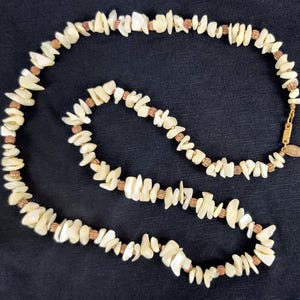 Vintage Miriam Haskell Mother of Pearl Chip Bead Necklace 29&quot; Signed c. 1969