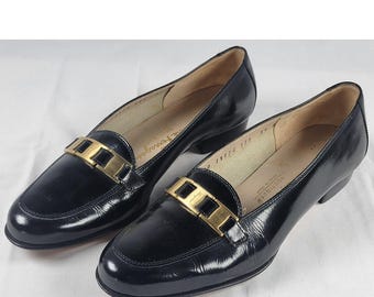 Vintage Salvatore Ferragamo Black Leather Gancini Loafers Made in Italy