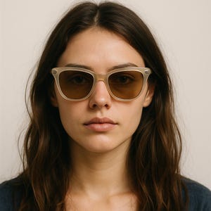 May include: Sunglasses featuring translucent beige frames with a classic wayfarer shape and dark brown tinted lenses. The eyewear has silver-toned metal accents at the outer corners of the frames, providing a neutral and functional design for eye protection.