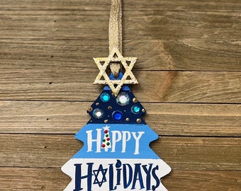 READY TO SHIP: Handpainted Wood 7" Happy Holidays Tree Ornament. Ready to Hang. Free Personalization on the front of the ornament.