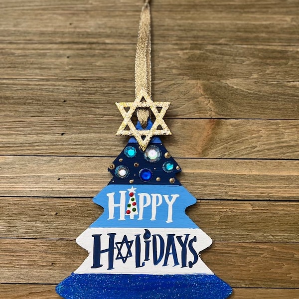 READY TO SHIP: Handpainted Wood 7" Happy Holidays Tree Ornament. Ready to Hang. Free Personalization on the front of the ornament.