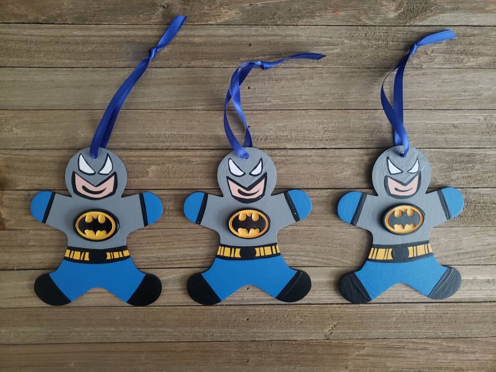 Handpainted on wood READY TO SHIP: 5 Superhero Gingerbread Ornaments Ready to Hang Free Personalization.