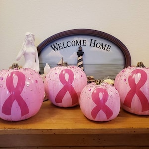 READY TO SHIP: Pink Ribbon Breast Cancer Awareness Pumpkin. &gt;&gt; Price  is  Per  Pumpkin with Free Shipping! Free Personalization!