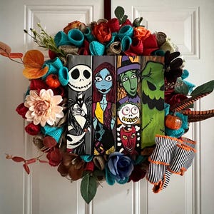 READY TO SHIP: 20" Nightmare Jack Inspired Spring Floral Wreath, Fully Decorated and Ready to Hang. Hand painted centerpiece sign artwork.