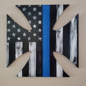 READY TO SHIP Hand Painted Thin Blue Line Flag Maltese Cross, 16&quot;H x 16&quot;W.