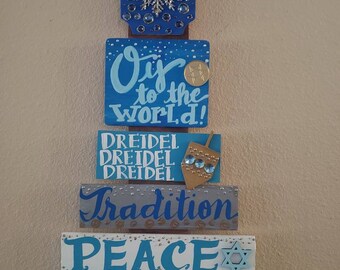 READY TO SHIP 24" Holiday Hanukkah Sayings Tree Wood Sign Post Wall Art: Nautical Themed Wall Signs Post, Ready to hang.