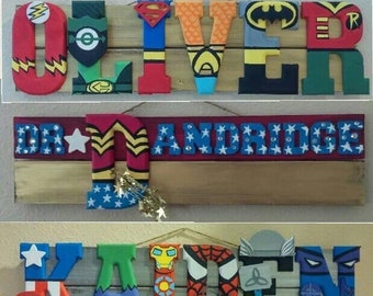 MADE TO ORDER: Personalized 5” Superhero Inspired Wood Letters Mounted to a Wood Pallet Sign ** Price is per letter in the name **