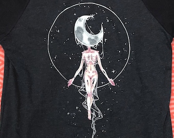 MOON QUEEN SHIRT - 3/4 Raglan Sleeve Screen Printed Black Creepy Celestial Moon Space Horror Original Unique Design Screenprinted T-Shirt