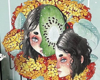 RIPE - 11x17 Kiwi Creepy Cute Kawaii Menhera Food Girl Orange Flowers Guro Body Horror Macabre Surreal Scary Egirl Art Poster Print