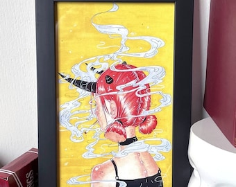 BEHIND - 5.5x8.5 Art Print -  Unique Original Creepy Surreal Steam Cigarette Smoke Melancholic egirl aesthetic Gothic Oni Horns Demon Girl