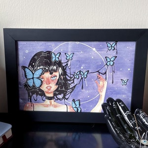 BUTTERFLIES - 5.5x8.5 Art Print -  Unique Original Surreal Blue Butterfly Melancholic Egirl Gothic Macabre Dark Art Black Blood Moonlight
