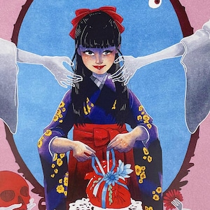 May include: Illustration of a person in a kimono surrounded by hands holding a knife, fork, flower, and skull. The person is in a mirror with a red bow in their hair. The kimono is purple with yellow floral patterns.