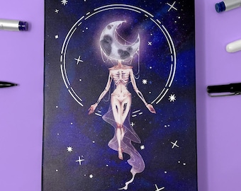 MOON QUEEN JOURNAL - A5 Hardcover sketchbook faux leather original creepy horror art dotted paper celestial space goddess girl