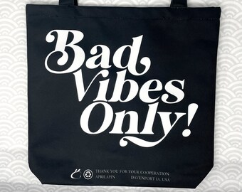 BAD VIBES ONLY! - Tote Bag Shoulder Purse Reusable Grocery Black Retro 70s Typography Thank You Bag Horror Original Unique Design