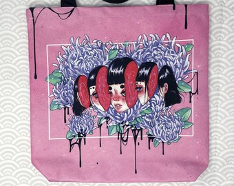 CUTLET - Tote Bag Vivisection Dripping Ichor Food Sushi Girl Body Horror Chrysanthemum Floral Shoulder Purse Reusable Unique Design