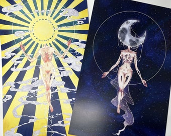 CELESTIAL BODIES - 11x17 Moon and Sun Goddess Queen Creepy Surreal Lune Solar Egirl Aesthetic Space Art Poster Print