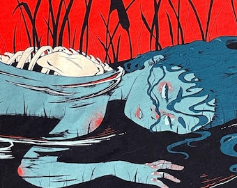 RESERVOIR - Skeleton Bog Body Swamp Cattails Sunset Tee Horror Original Unique Design Screenprinted T-Shirt Creepy Art