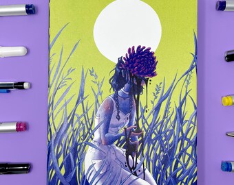 UNVEIL JOURNAL - A5 Hardcover sketchbook faux leather original creepy body folk horror art dot paper bloody flower grass wheat field
