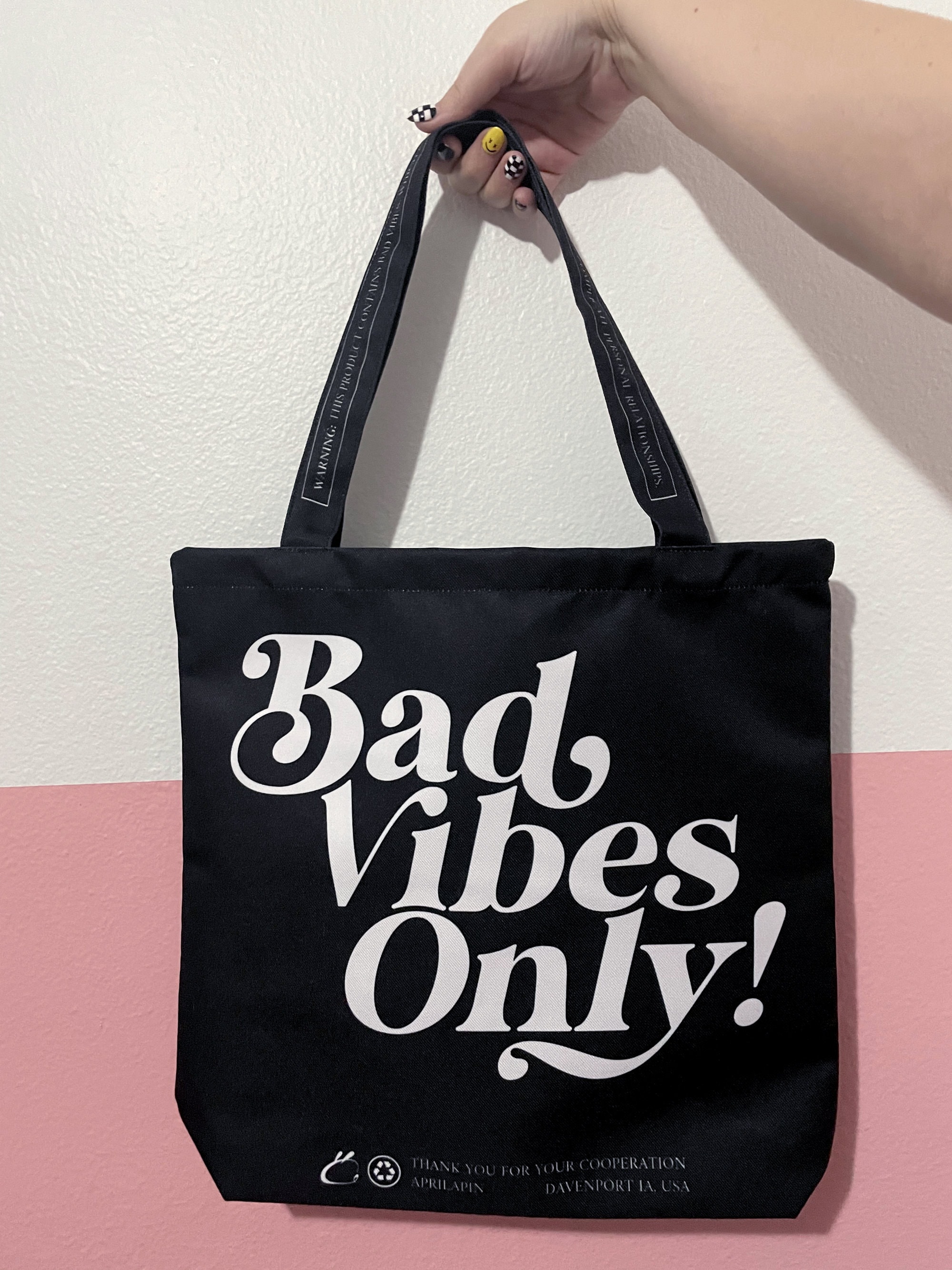 BAD VIBES ONLY! - Tote Bag Shoulder Purse Reusable Grocery Black