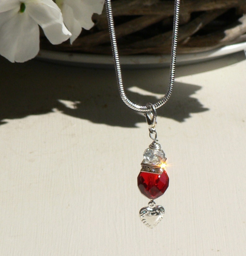 Heart and Red Crystal Bead on 925 Silver Plated Snake Chain Necklace